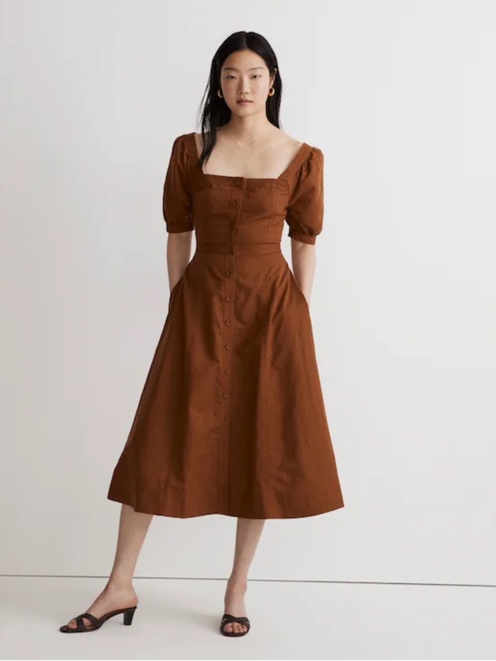 Madewell Seamed Puff-Sleeve Midi Dress Warm Coffee Size 0 Linen Blend